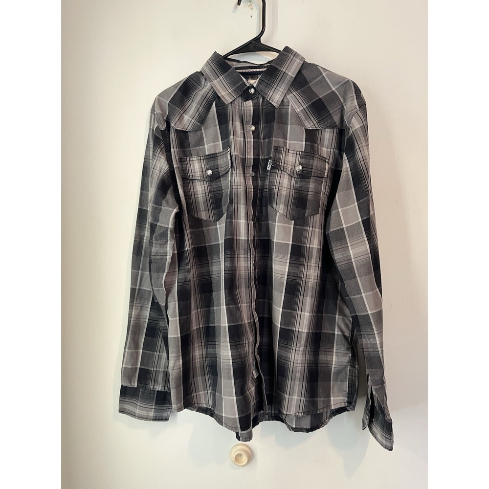 Levis Pearl Snap Button Down Shirt Long Sleeve Plaid Mens Medium Black Beige